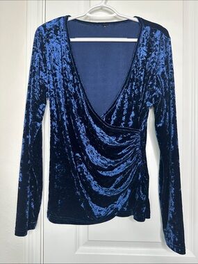 SHEIN Blue Crushed Velvet Faux Wrap Top